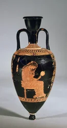 Amphoriskos représentant une femme assise se coiffant, tenant un miroir (céramique)
